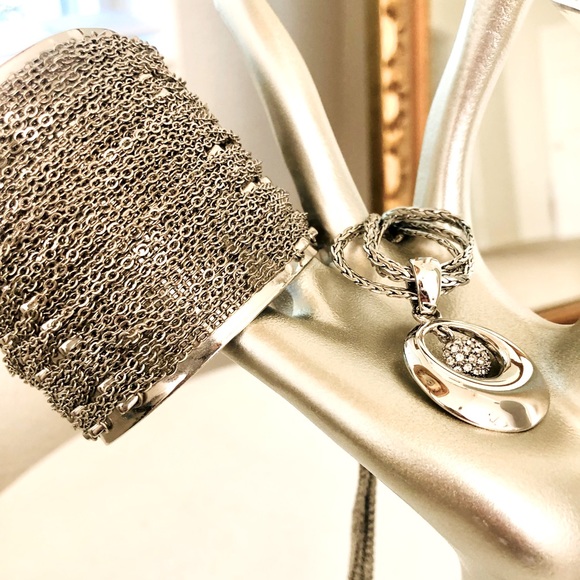 Vintage Silver Modernist Cuff Bracelet & Rhinestone Pendant necklace - Picture 13 of 13